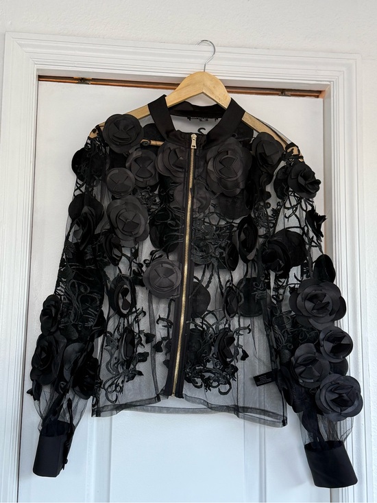 Boston Proper Jackets & Blazers - Boston Proper Black Sheer Floral Appliqué Bomber Jacket New